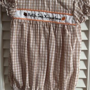 Brown and White Gingham Smocked Bubble. Size 9 month
